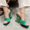 Summer Green Women's Shoes Slippers Silky Wide Band Transparent Strange High Heels Comfortable PU Leather Slides Sandals Pumps