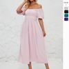 Off-the-shoulder Dress, Summer Casual Loose Puff-sleeve Flowing Pleated Dress