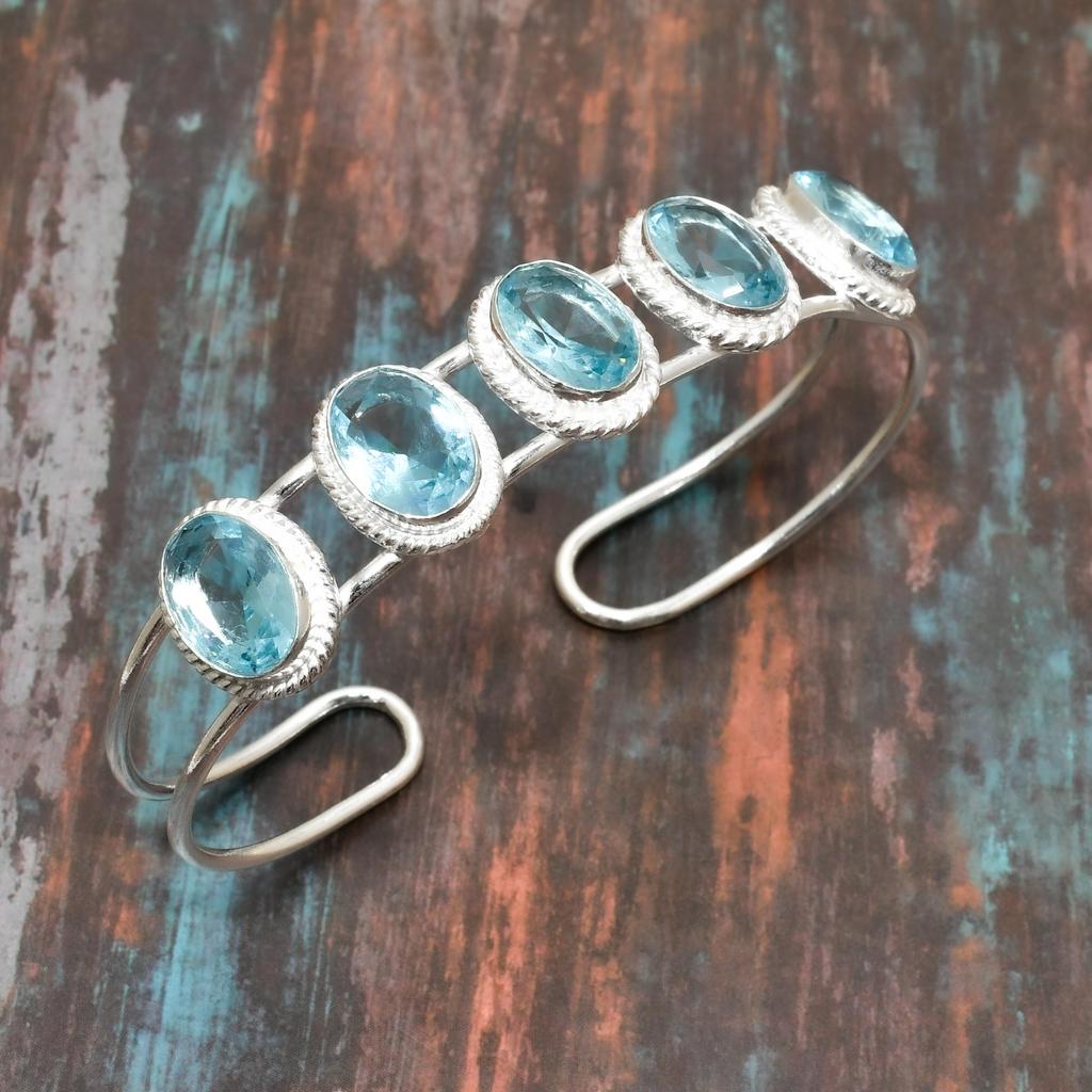 Швейцарский синий топаз, драгоценный камень, ювелирные изделия ручной работы, браслет из стерлингового серебра 925 пробы, регулируемый