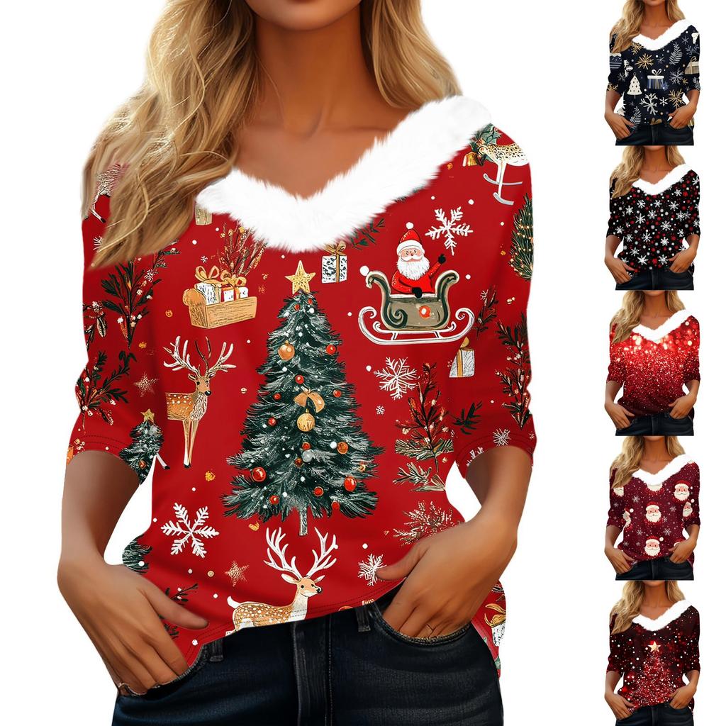 Женская футболка с рождественским принтом, флисовый воротник с рукавом три четверти и V-образным вырезом на рождественской вечеринке