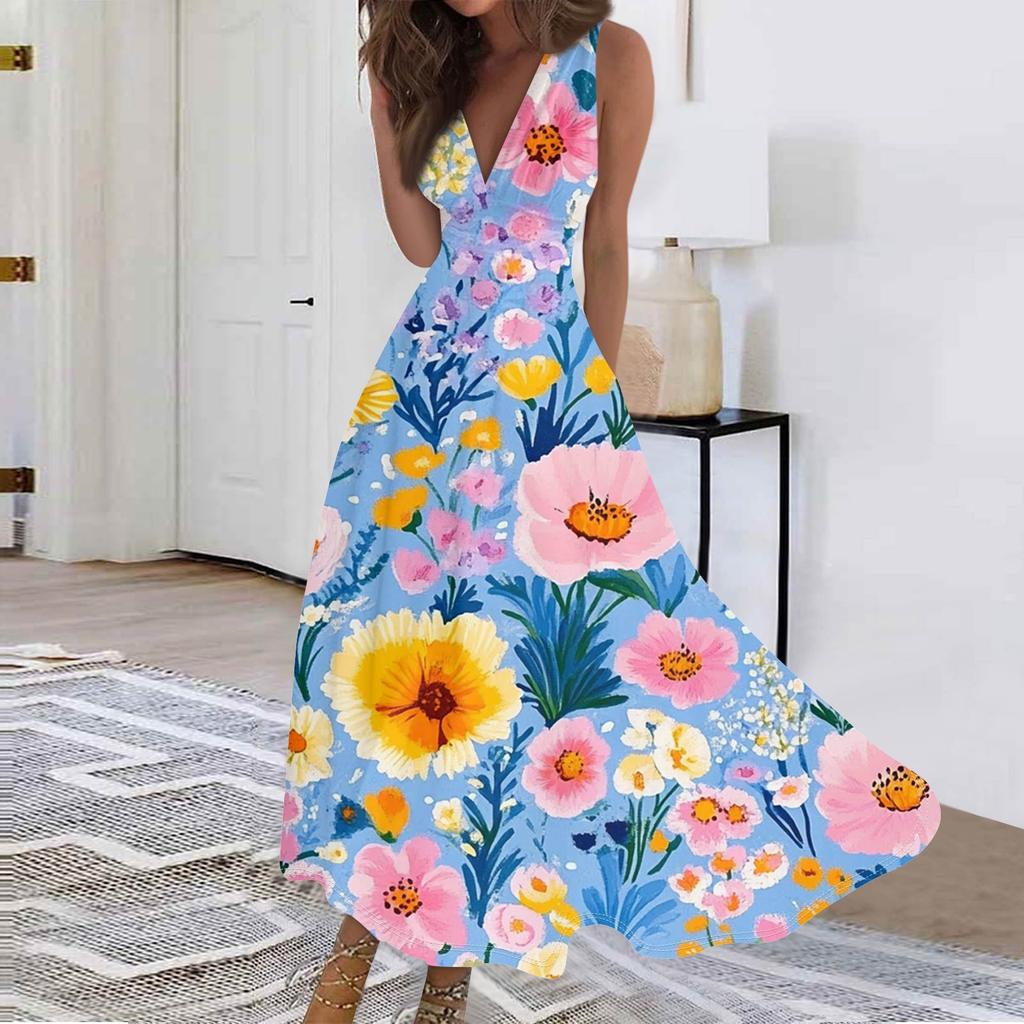 Женские модные повседневные свободные платья с V-образным вырезом без рукавов с принтом