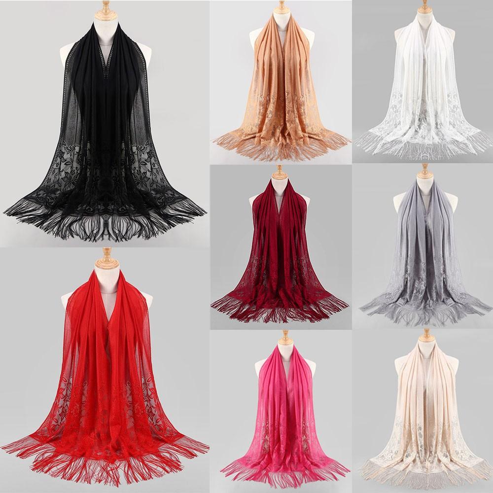 Женский мусульманский исламский кружевной шарф с кисточками и полым длинным хиджабом, шаль, палантин