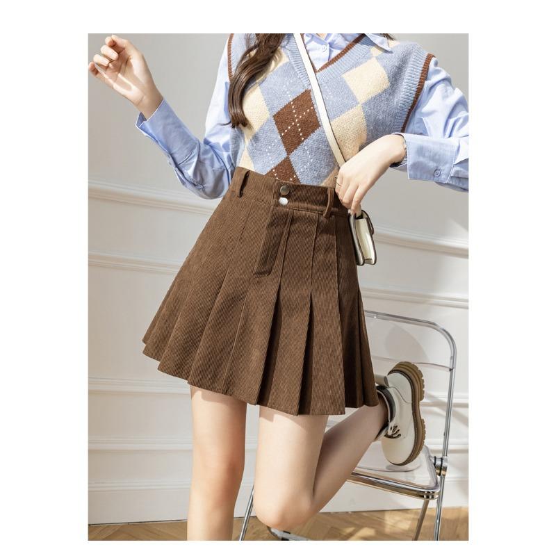 Осенние и зимние женские юбки. Вельветовая плиссированная юбка. Универсальная тонкая юбка. Дизайн-полюбка с надписью. Юбка-суета.