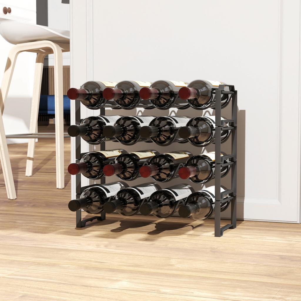 4-Tier Wine Rack, Freestanding Rack for 16 Wine Bottles, Metal, Black