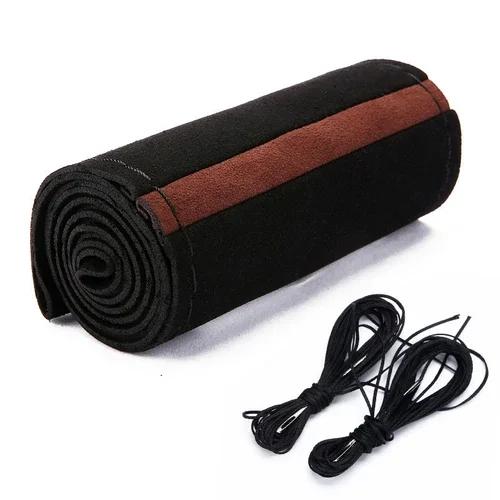 Черный замшевый чехол на руль с иголками и нитками, оплетка своими руками, чехол на руль автомобиля диаметром 38 см, автомобильные аксессуары