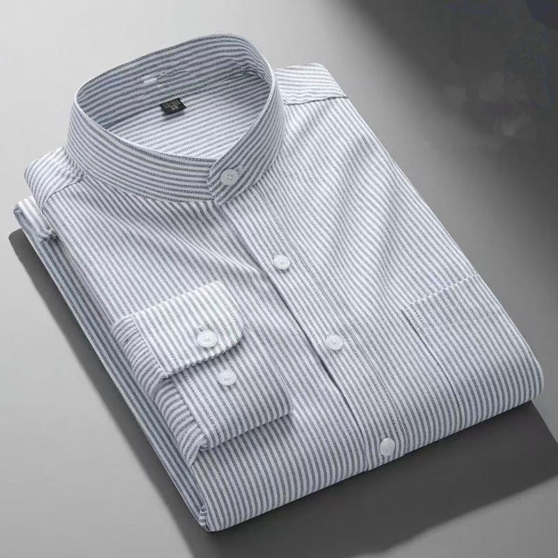 Осень 5XL 100% Хлопок Мужские Социальные Рубашки Оксфорд Длинный Рукав Однотонные В Полоску Высокое Качество Стойкий Воротник Повседневная Мужская Одежда