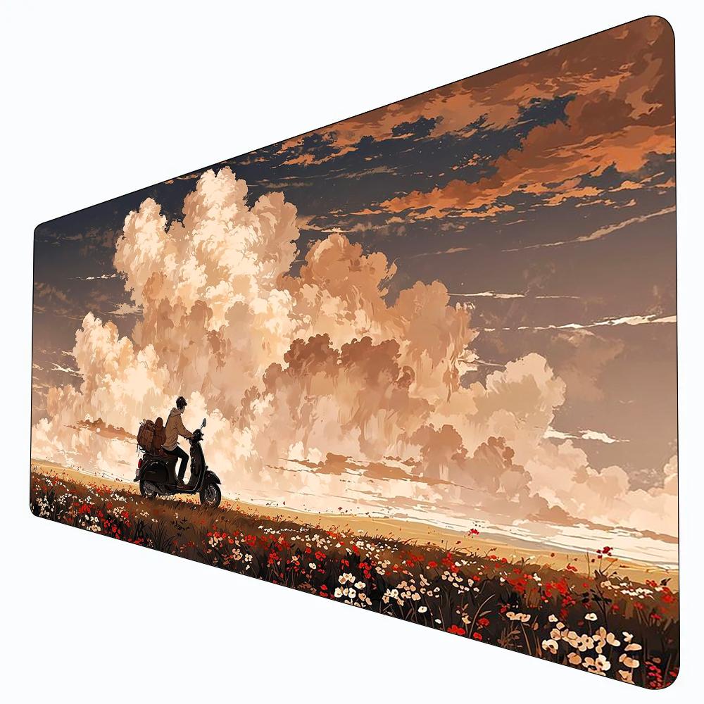 Anime Traveler On Scooter Flower Field Dusk Cloud Large Mouse Pad Retro Cartoon Scenery Escritorio Accesorios Mouse Pad Grande