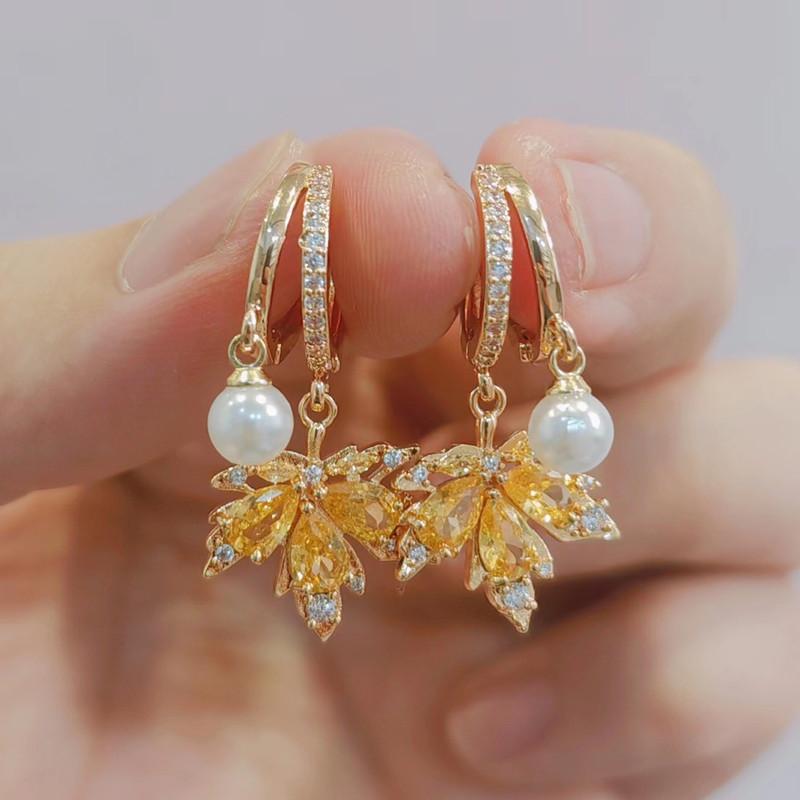 Женские серьги-подвески с желтым цирконием и кленовым листом, новинка 2023 года, модные ювелирные аксессуары для свадебной и помолвочной вечеринки