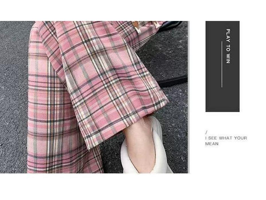 Petite Retro Pink Plaid Wide-Leg Pants, 150cm