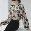 Women's Retro French Satin Ink Print V-Neck Puff Sleeve Shirt - Early Spring 2025