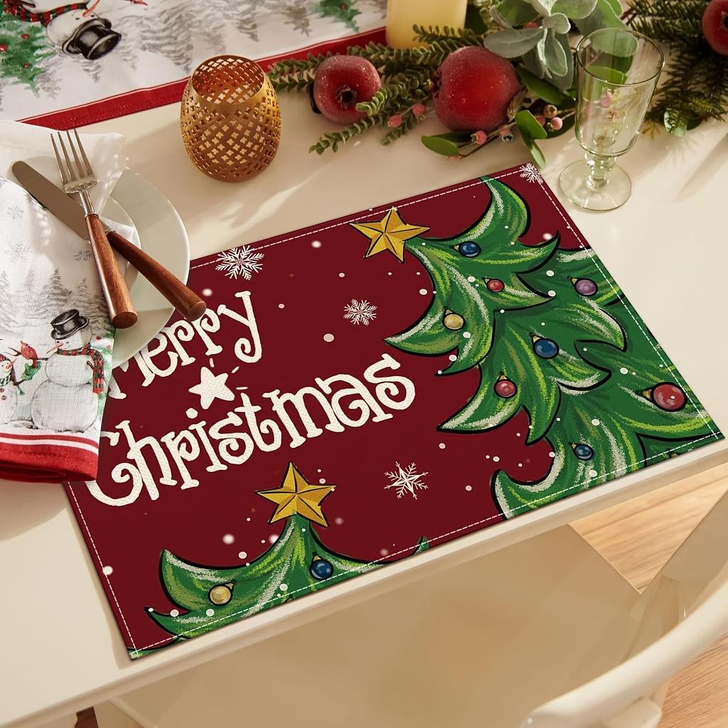 4pcs Dokriy, Merry Christmas Red Snowflake Tree Placemat, Festive Winter Christmas Holiday Table Decor for Home Kitchen Dining Party