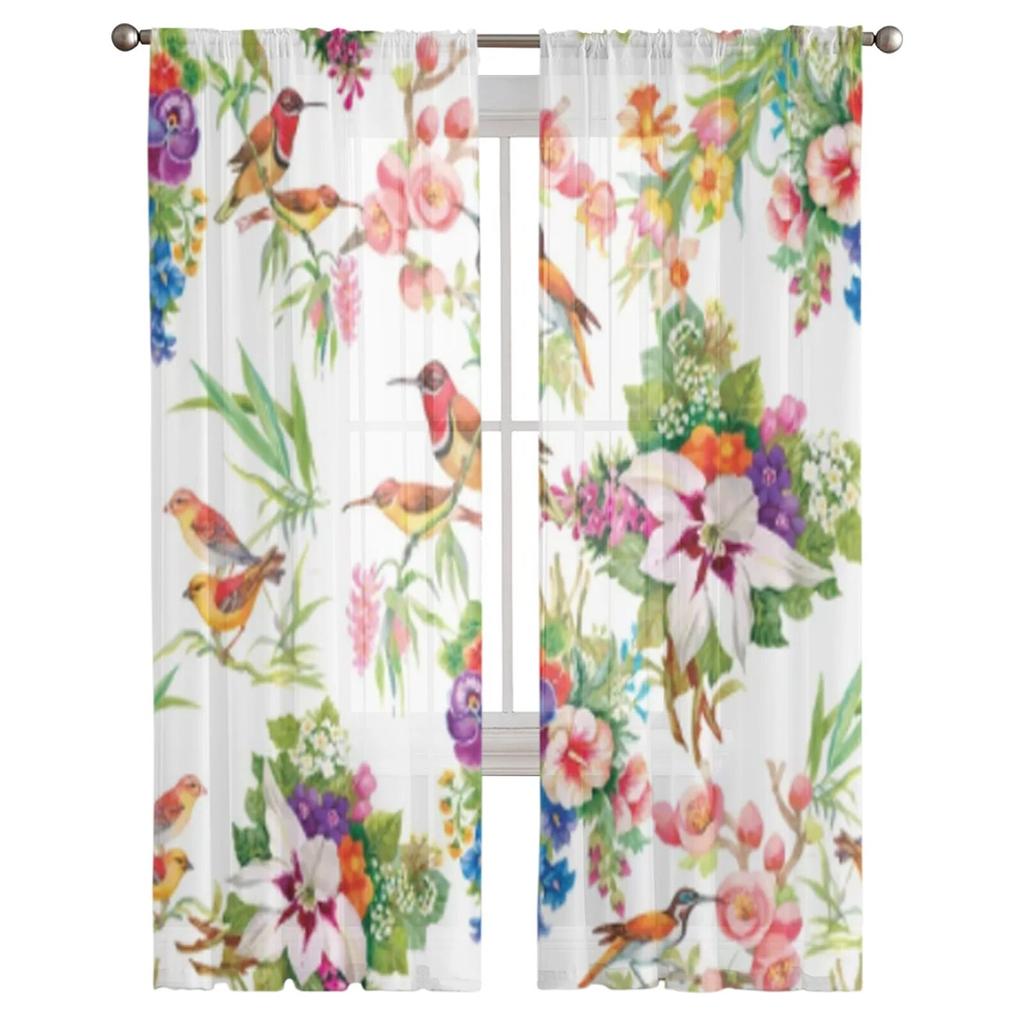 Тюлевые оконные шторы с дикими экзотическими птицами и цветами для гостиной, прозрачная занавеска из пряжи для спальни, кухни, драпировка, декор