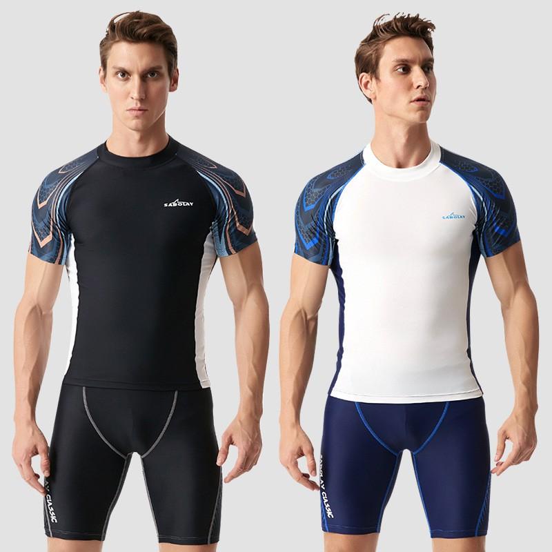 Mens Short Sleeve Rash Guard Set Quick Dry UV Protection Swimwear Surfing Diving Swimming