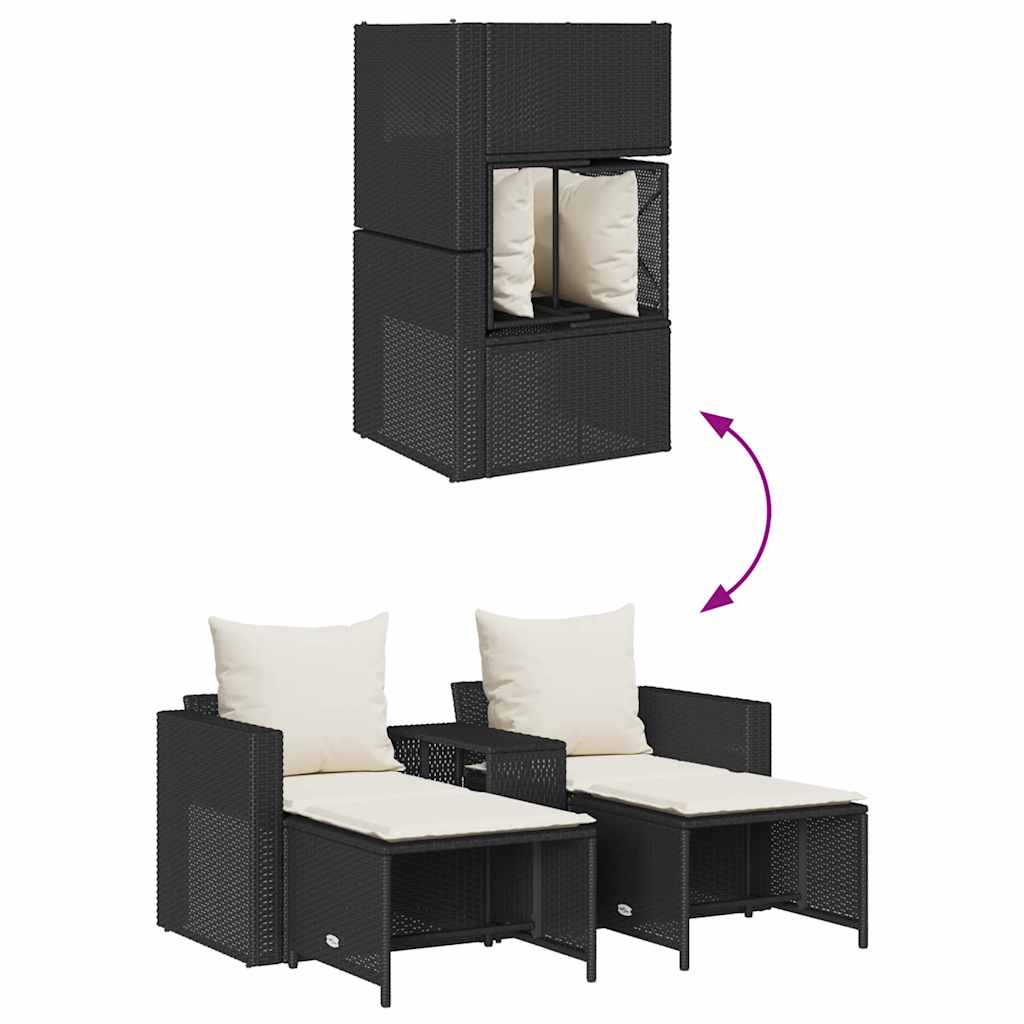 5 Piece Garden Sofa Set with Cushions Stackable Black Poly Rattan