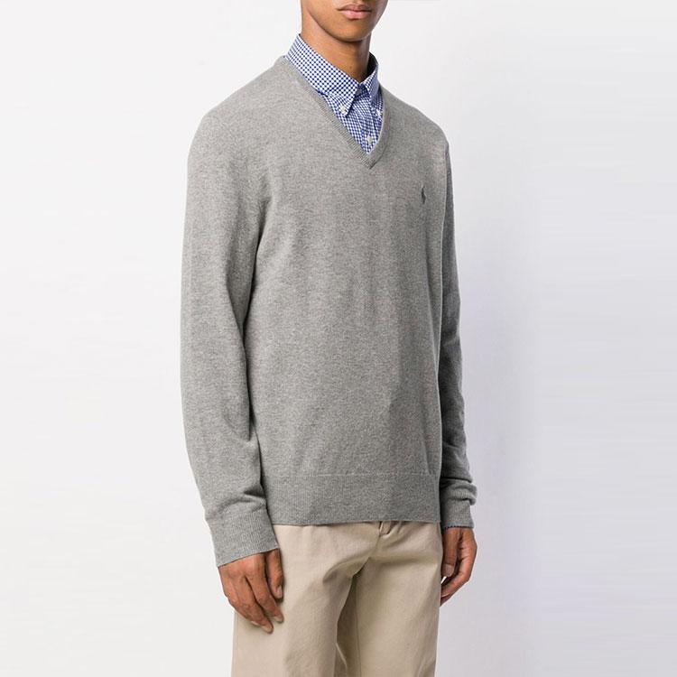 Polo Ralph Lauren FW21 V-образный вырез с логотипом, однотонный свитер с длинным рукавом, мужской свитер, серый 710667377-001