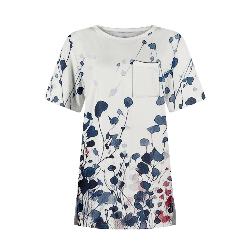 Футболки для женщин, плиссированные, с круглым вырезом, нарядные, повседневные, блузки с принтом, с коротким рукавом, летние топы, свободный крой