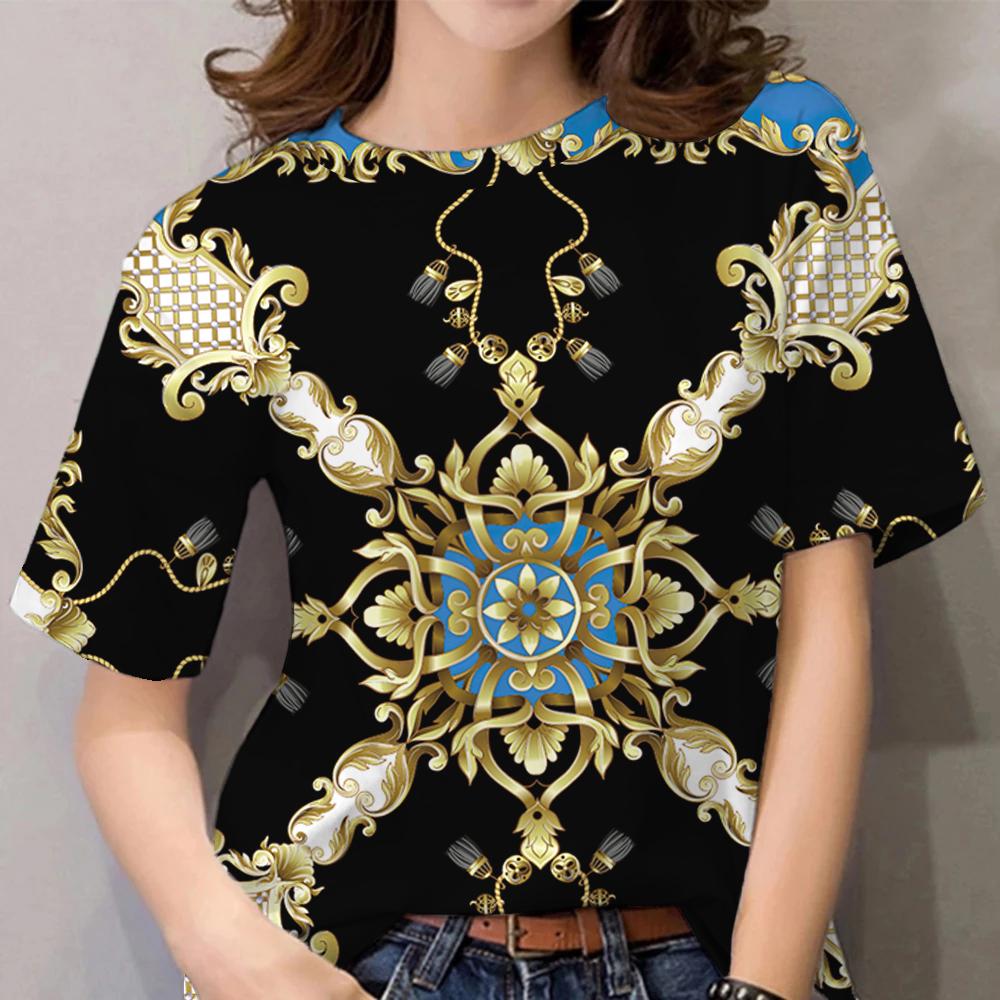 Летние женские футболки с короткими рукавами 3D топы Роскошные рубашки в стиле барокко Дизайнерская одежда Женская футболка Повседневная футболка большого размера с круглым вырезом