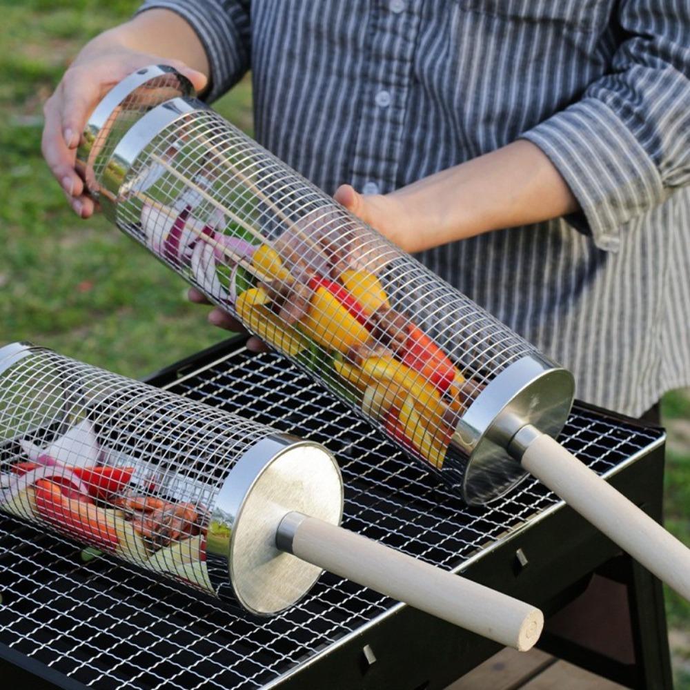 2/3Pcs Set Stainless Steel BBQ Basket Cylinder Barbecue Rack Useful Barbecue Cage for Outdoor