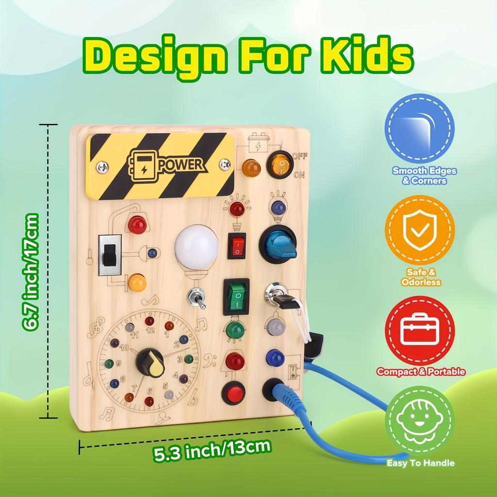 Board Busy Montessori Kids Activity Wooden Toy With Switches Led Sensory Light