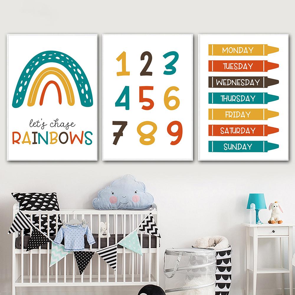 Радужный алфавит, цифры, красочный художественный постер, детский образовательный постер, без рамки, холст, картина для детской комнаты, настенная картина для домашнего декора
