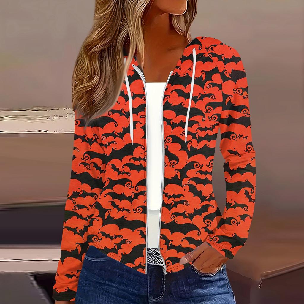 Women's Fashion Casual Zip Up Hooded Halloween Print Long Sleeve Sweatshirts Coat