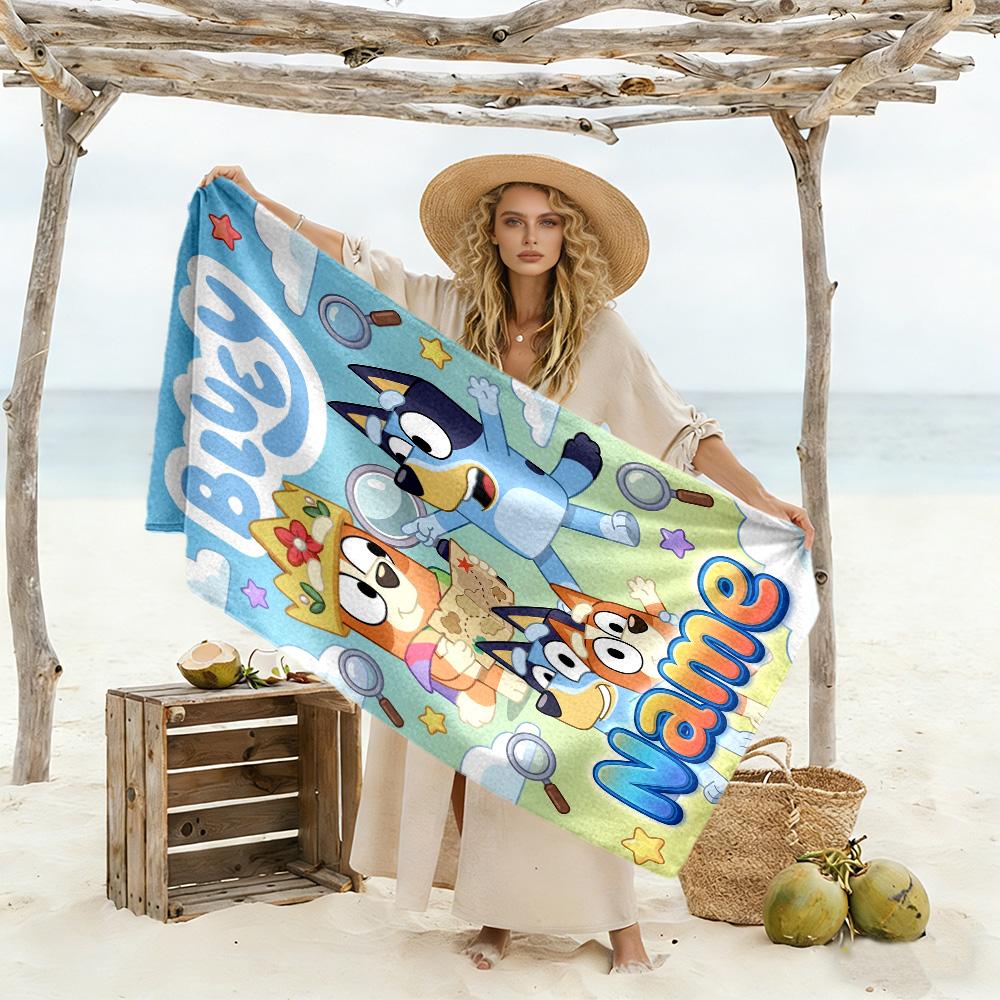 Bluey's Colorful Celebration Customize Text Beach Towel Soft Durable Quick-Dry