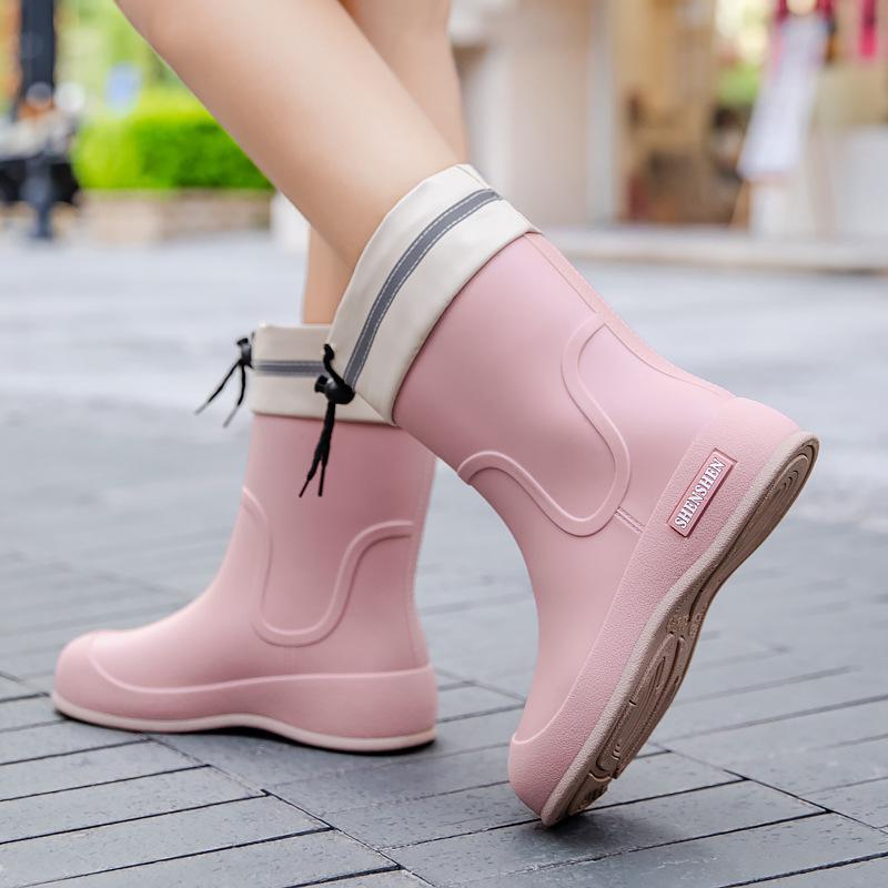 Fashion Women's Mid-Barrel Rain Boots Upgraded Thickened Drawstring Mouth Rain Boots Wear-Resistant Non-slip Comfortable Water Shoes Outdoor Rain Bo