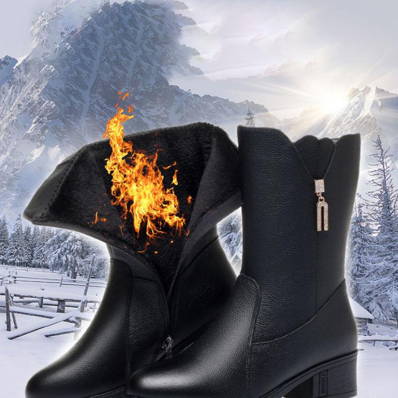 Autumn and Winter Plus Velvet Warm Soft Leather Mid-tube Boots Mid-heel Cotton Boots