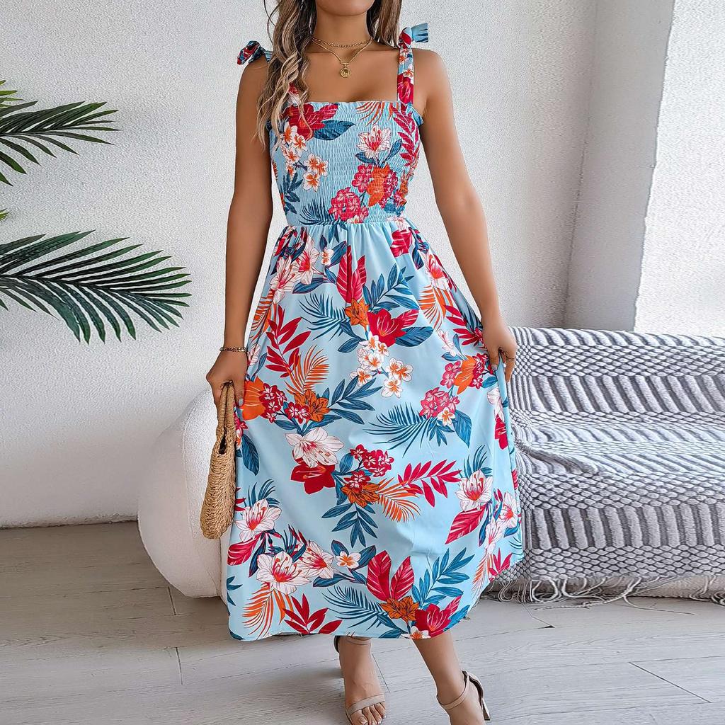 Women's Fashion Floral Print Waisted Suspender Dress Holiday Beach Maxi Dress