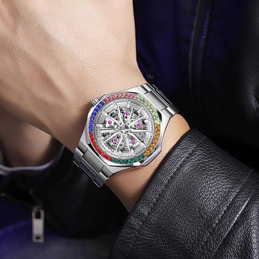 Мужские часы с автоматическим механизмом, корпус из нержавеющей стали, сапфировое стекло, механические наручные часы, полый скелет