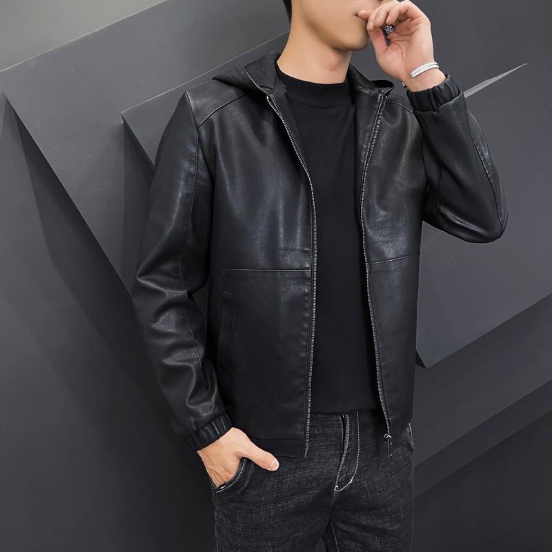 Plus Size Mens Fleece Lined PU Leather Jacket Hooded Biker Coat Fall Winter