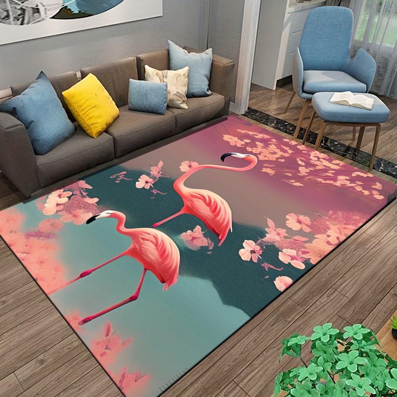 Дизайн ковра 'Flamingo Bliss' с элегантными розовыми цветами. Подходит для использования в качестве противоскользящего игрового коврика для диванов в гостиной и спальне.