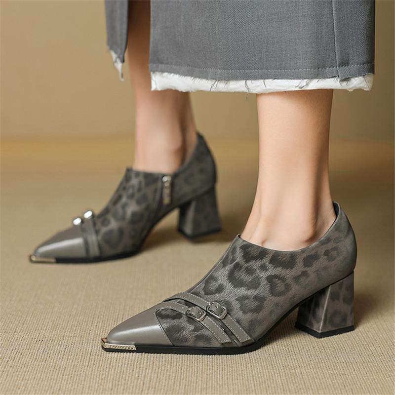 Fashion New Spring Genuine Leather Women Pumps Shoes for Women Fashion Leopard Print Buckle Pointed Toe Loafers Shoes Women High Heels