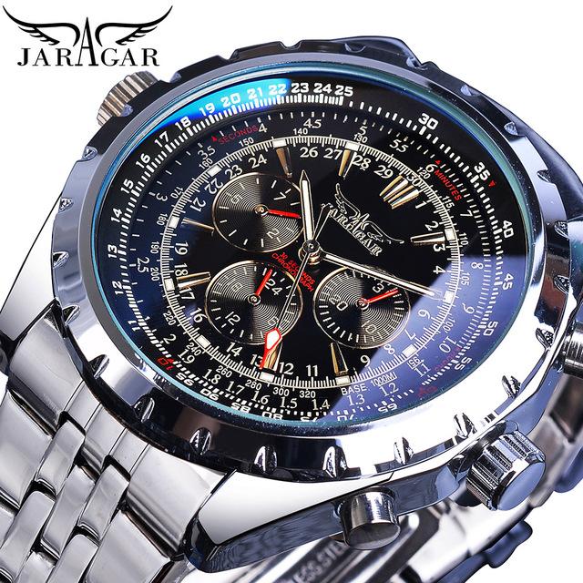 Jaragar Blue Glass Design Черные Серебряные автоматические часы из нержавеющей стали Часы с датой Светящиеся мужские деловые механические наручные часы