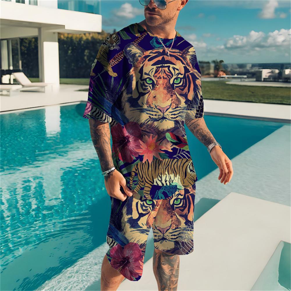 Летний мужской комплект спортивной одежды с леопардовым принтом, футболка + шорты Jungle's Secret Harajuku, верхняя модная повседневная одежда