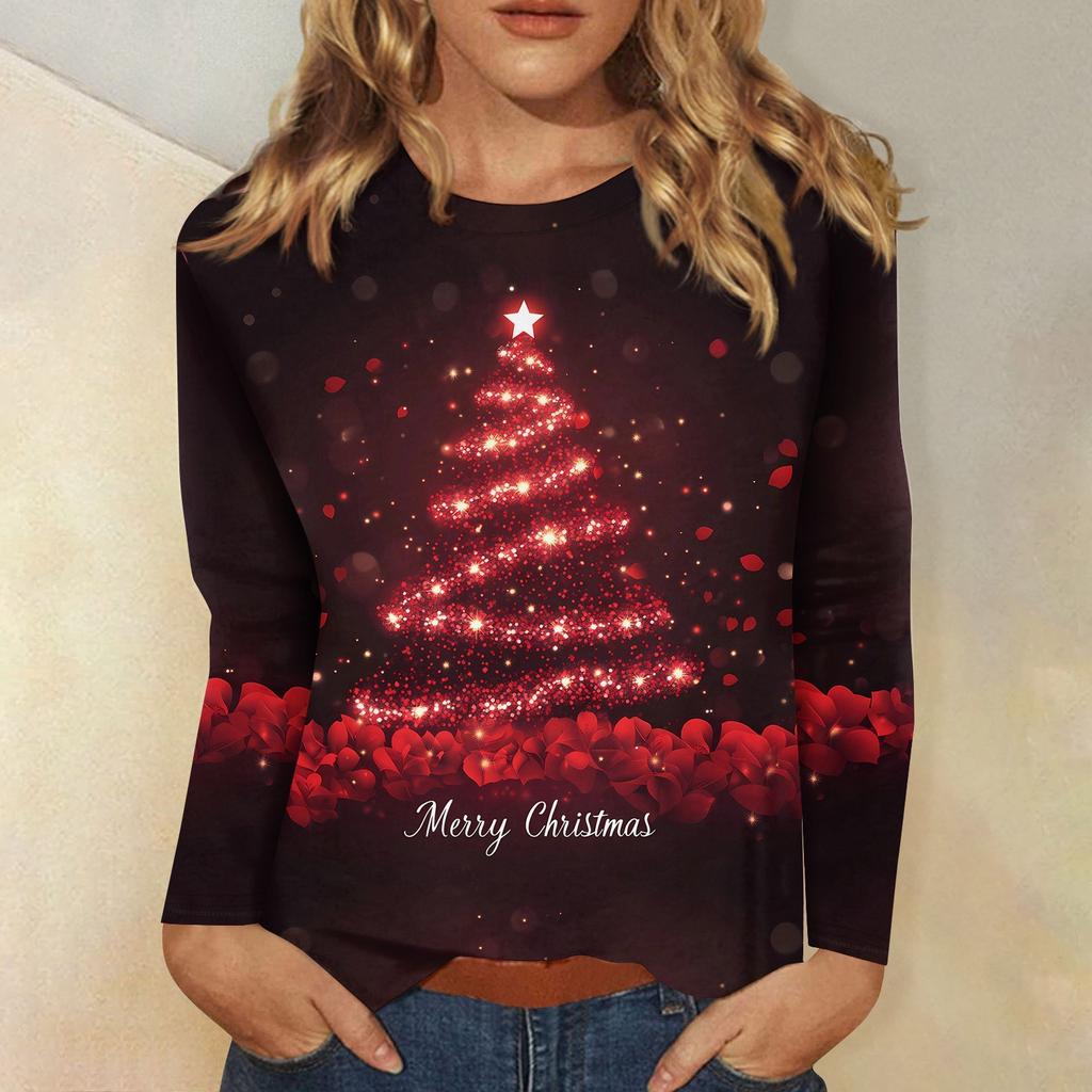 Женская мода повседневный рождественский принт круглый вырез длинный рукав пуловер топ
