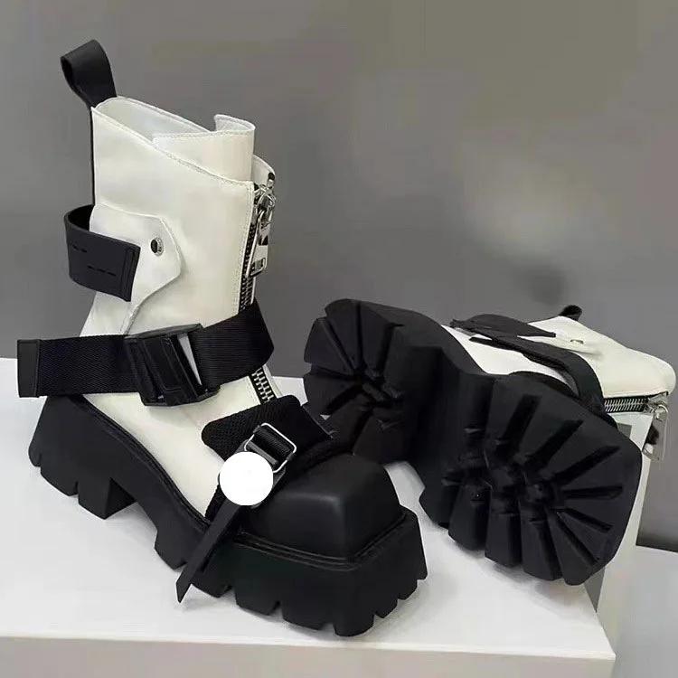 2024 Европейский стиль квадратный носок толстый каблук мотоциклетные ботинки женские кожаные молния спереди короткий ремень пряжка модные ботинки челси