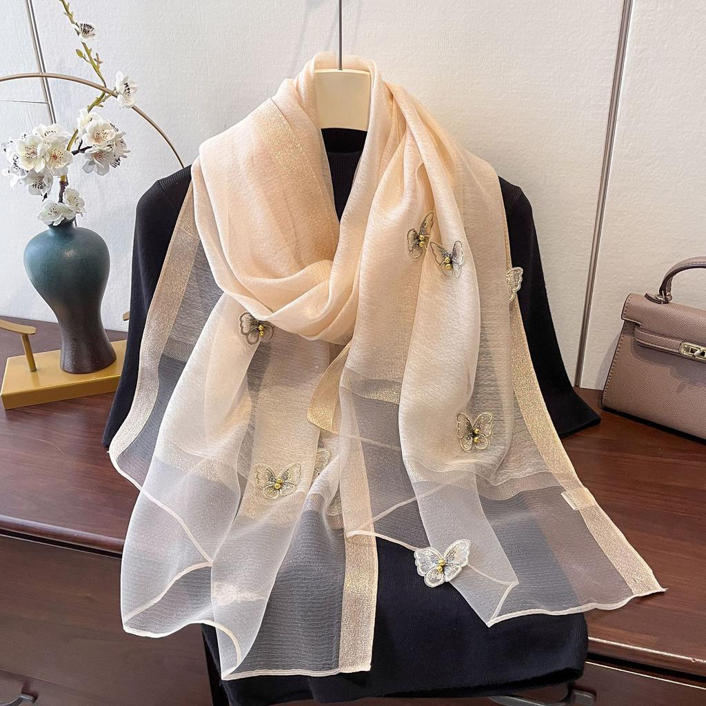 New Butterfly Embroidered Beads Fashionable Scarf for Women's Sun Protection and Windproof Temperament Shawl Thin Imitation Silk Scarf