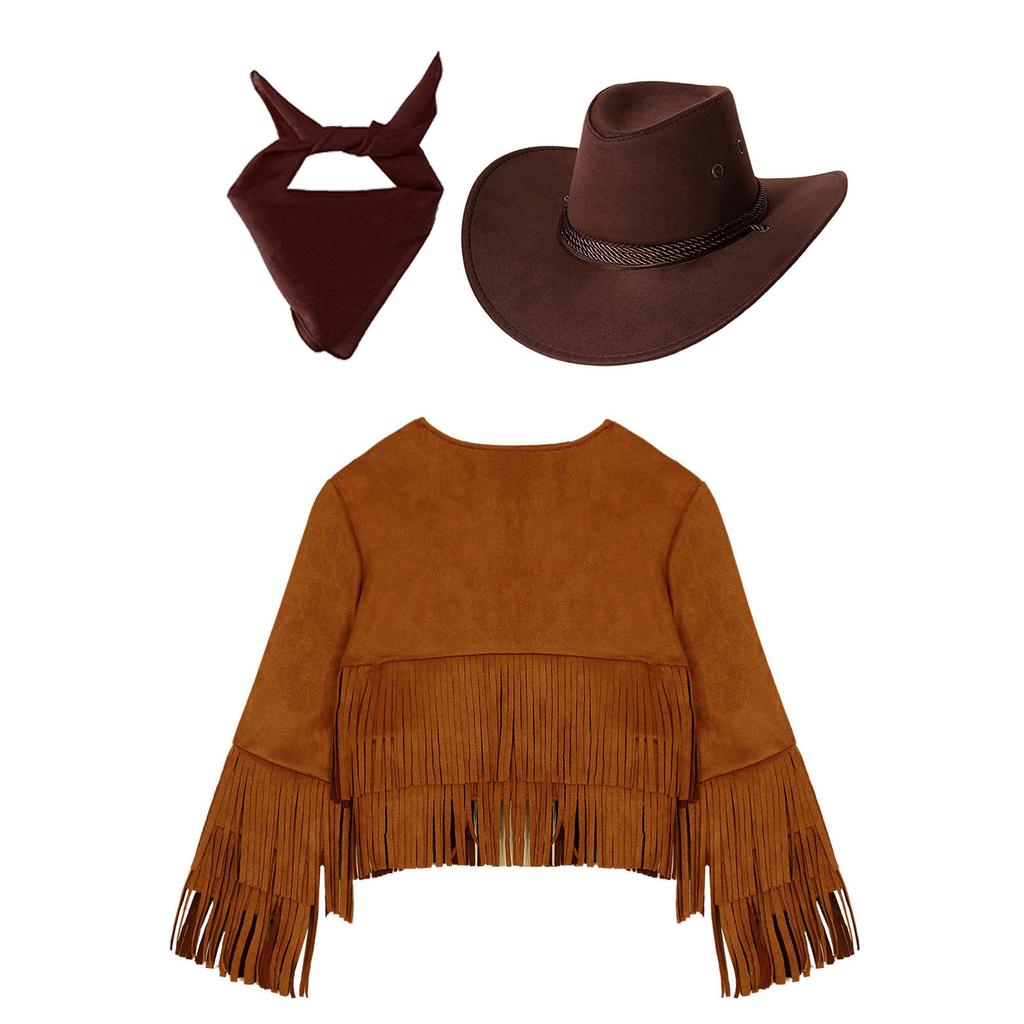 3Pcs Cowboy Costume for Kids Unisex, Fringe Vest Set with Hat & Bandana, Western Cowgirl Halloween Dress Up Outfit