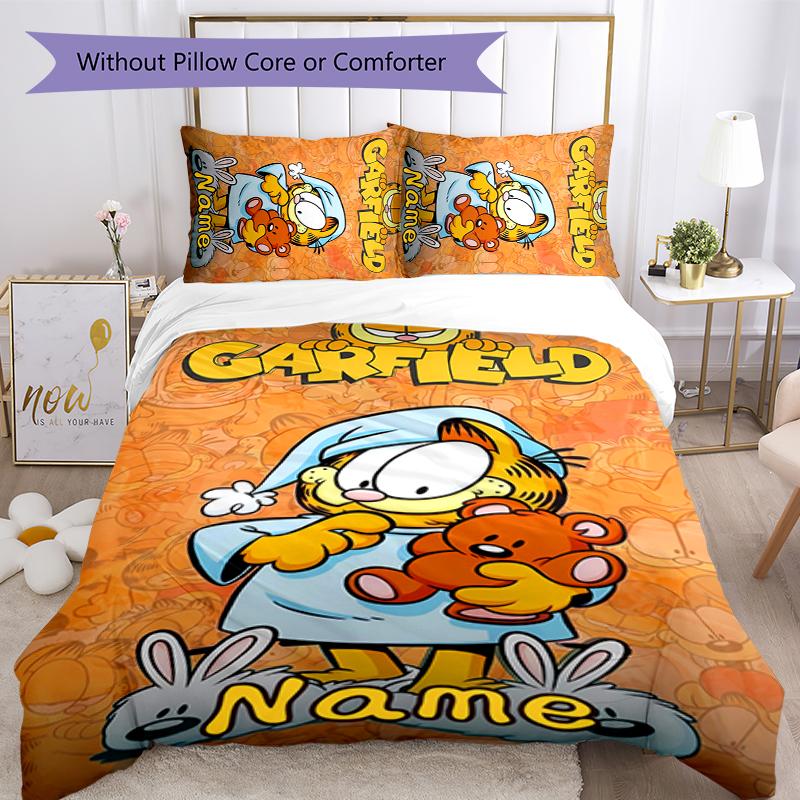 3pcs Custom Name Garfield Bedding Set Duvet Cover Closure Includes 1 Duvet Cover & 2 Pillowcases for All Seasons Bedroom Decor