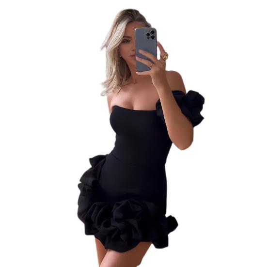 Women Evening Dress One Shoulder Ruffle Flower Decor Slim Waist Sheath Sleeveless Pure Color Backless Bandeau Mini Dress Prom Party Short Dress