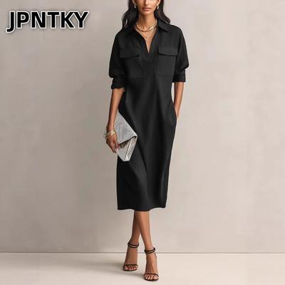JPNTKY Модные летние весенние однотонные платья с принтом и V-образным вырезом, повседневные