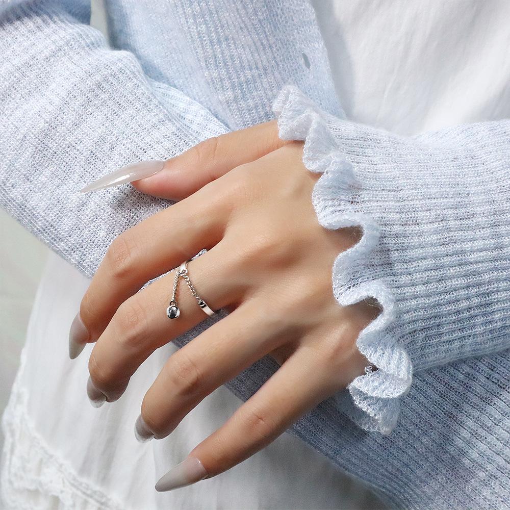 Simple Tassel Bead Pendant Rings Punk Silver Color Circle Geometric Tassel Chain Rings for Women Open Ring With Chain Jewelry