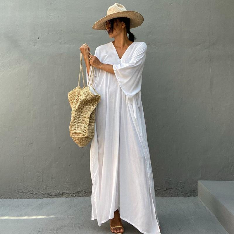 European & American Cotton Solid Color Blouse and Long Skirt Cover-Up for Beach or Swimwear.