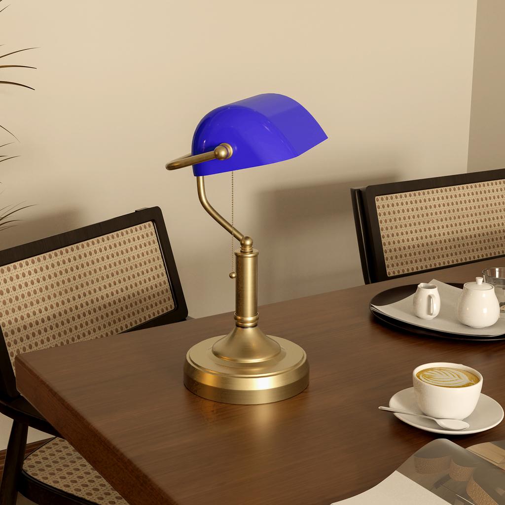 Banker S Desk Lamp With Antique Bronze Tone Base Table Lamp With Blue Glass Shade For Home Office Blue
