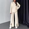 Women's Beige Knit Set with Half-Zip Top and Wide-Leg Pants, Split Hem Detail, Casual Elegant Outfit