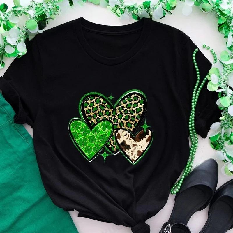 Милая женская футболка со St Patricks Четырехлистным клевером, короткий рукав, новая мода, графика с изображением любви и удачи, топы Y2k, эстетичная одежда