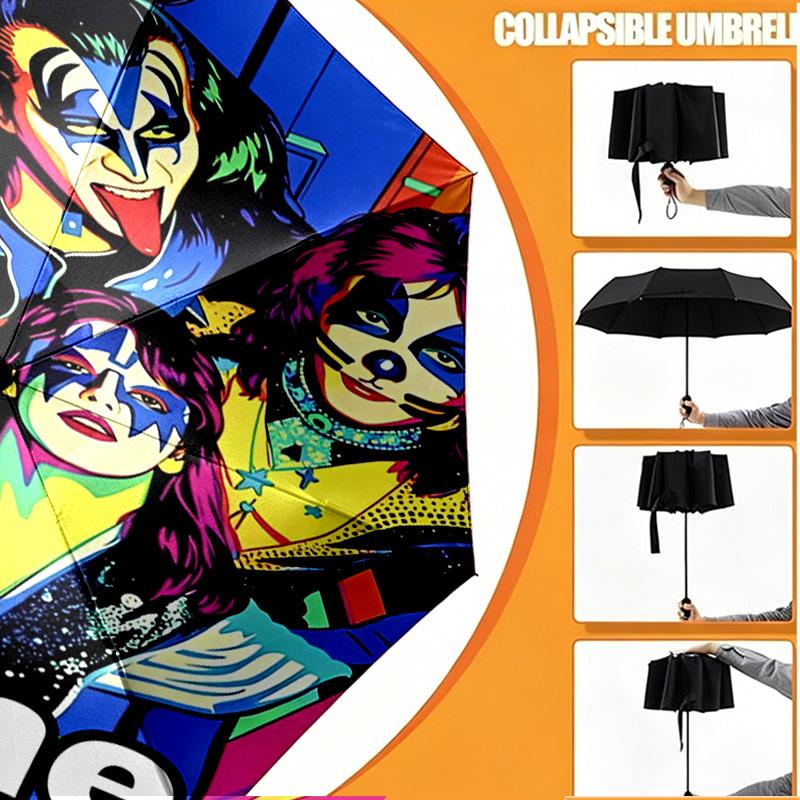 Custom Name Personalized Kiss Rock and Roll Print Umbrella, Auto Open Close, 8‑Rib Sturdy Frame, Commute Camping Hiking Use, Birthday Gift