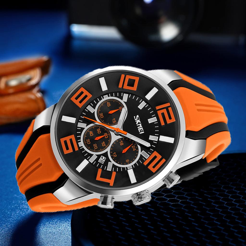 Силиконовые модные повседневные спортивные часы с большим циферблатом, водонепроницаемые, хронограф, аналоговые, мужские часы с датой, флуоресцентные, роскошные, настоящие, оранжевые часы