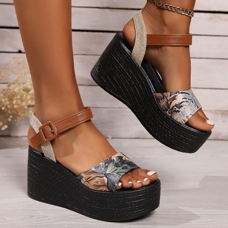 Large Size Thick-soled Wedge Heel Sandals Women's Summer Wind Printing Heightening Sandals Women